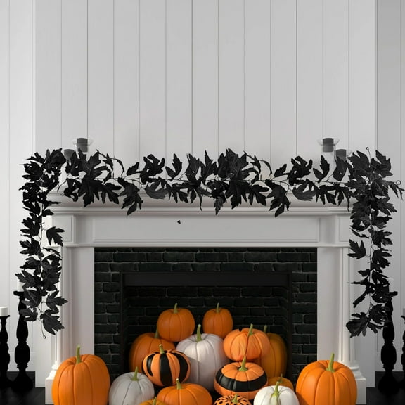 TUITOONM 6FT Halloween Black Maple Leaf Vine Garland Spooky Artificial Foliage for Mysterious Party Decor, Doorway, Fireplace & Staircase Decoration