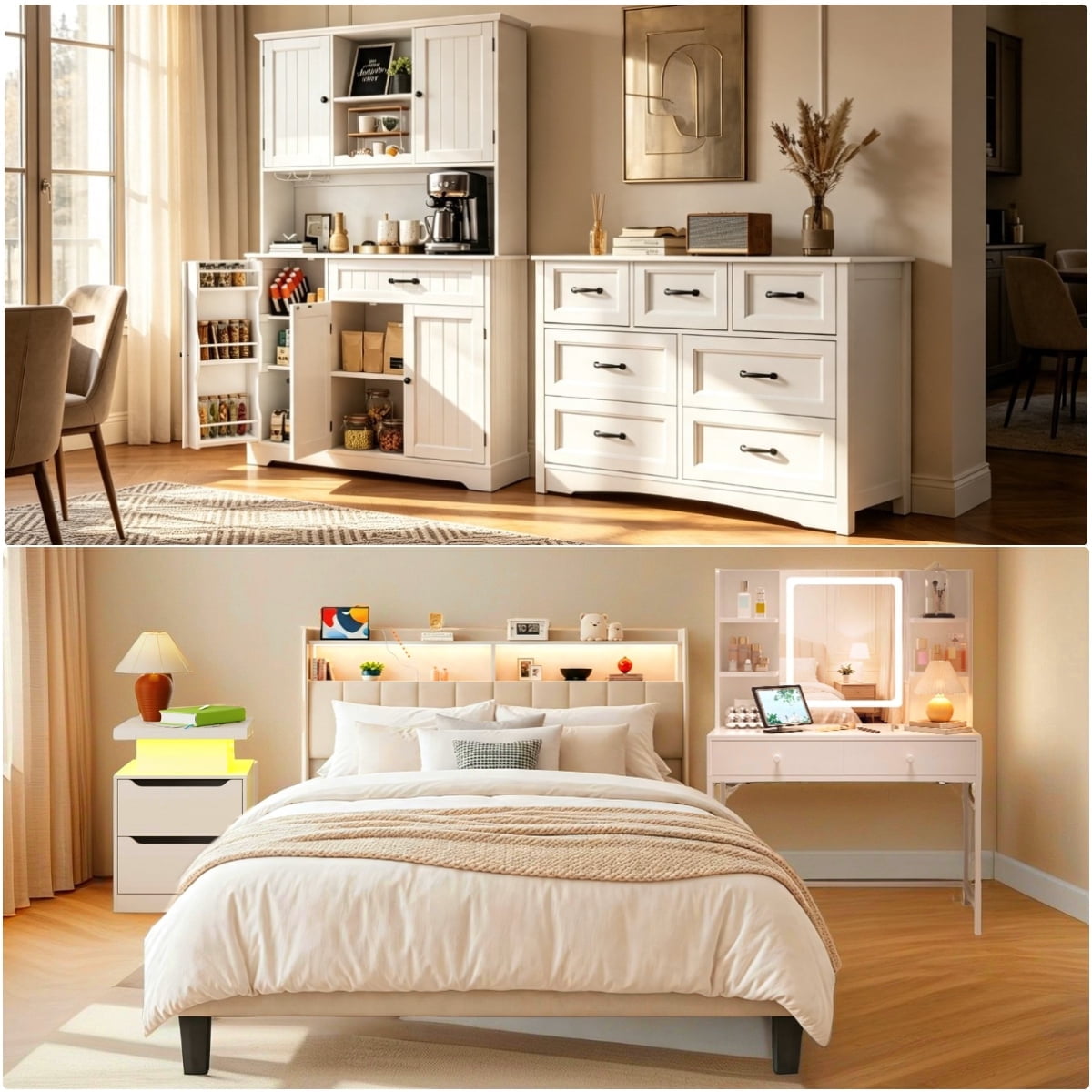 5-Piece Full Bedroom Furniture Set, Gizoon Upholstered Bed Frame with LED Headboard, 7-Drawer Dresser, Tall Storage Cabinet, Nightstand with Charging Station, Vanity Desk with Lighted Mirror, White