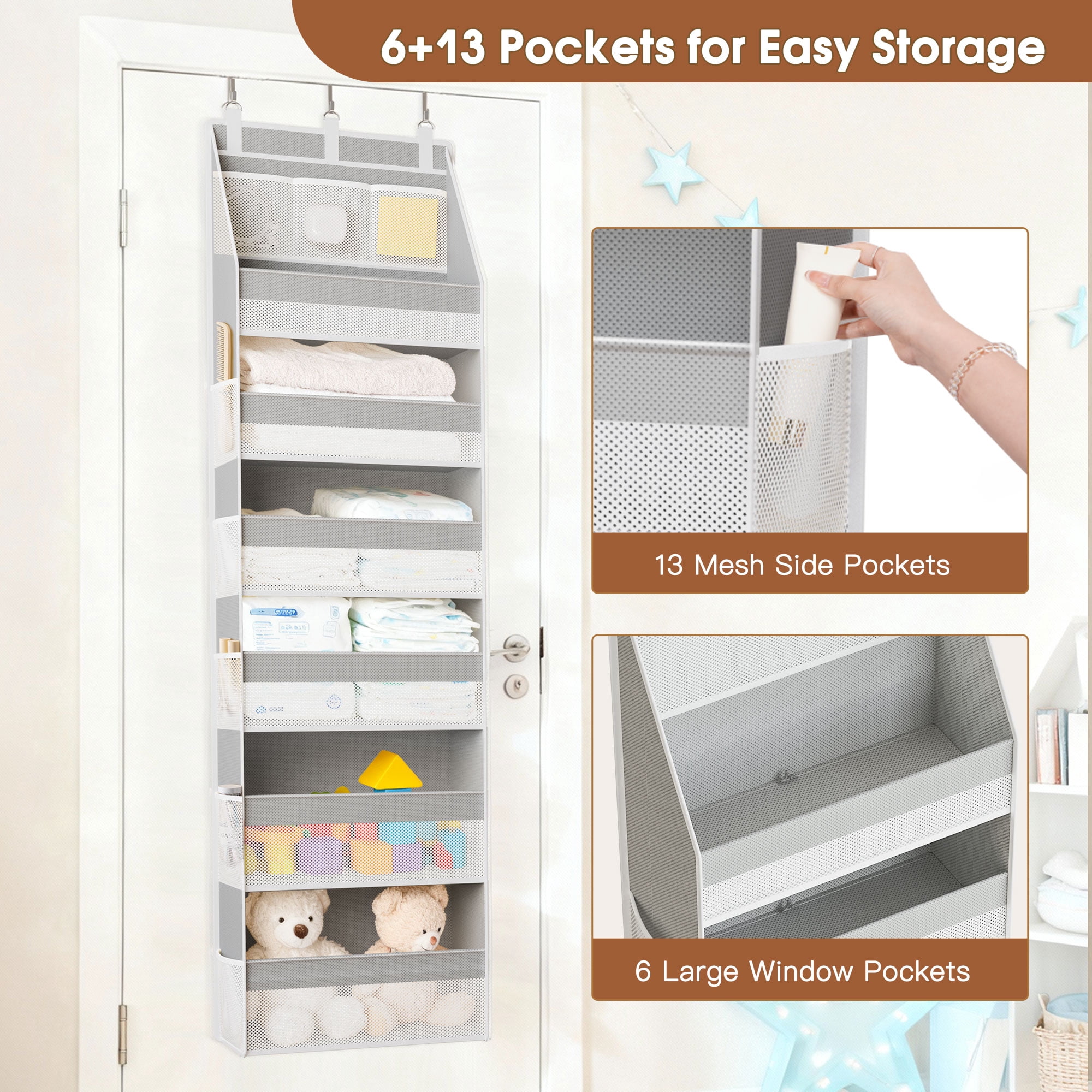 Criusia Over the Door Organizer  for baby ,  6-Shelf  Thickened non-woven fabric Closet Hanging Storage, 3 Pcs upgrade hooks, 55lbs Capacity, Gray