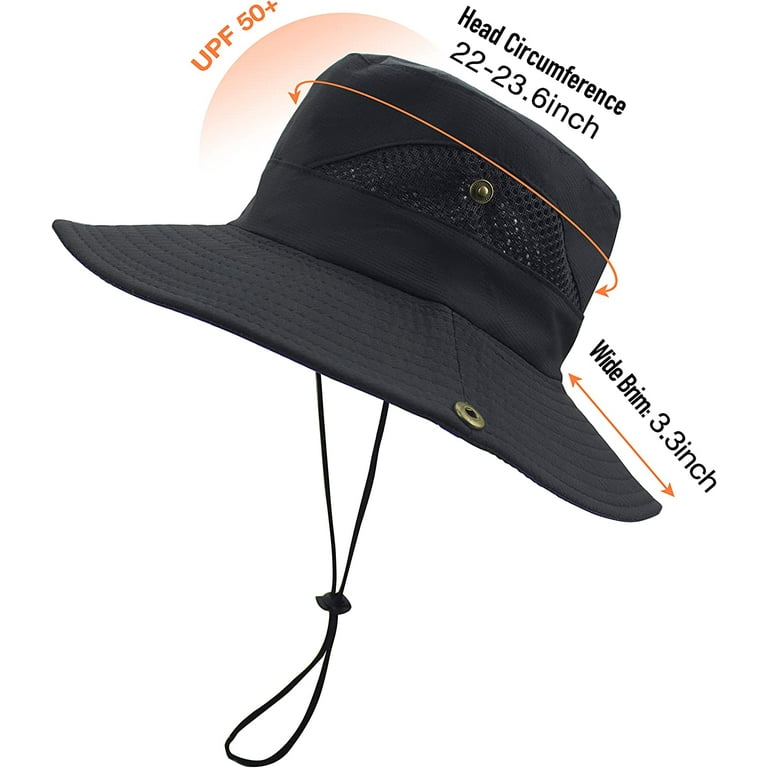 Koreshion Mens Sun Hat Outdoor UPF50+ Mesh Wide Brim Bucket Safari Cap  Foldable Waterproof Boonie Fishing Hats Black