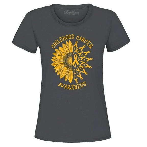 Shop4Ever Women's Sunflower Gold Ribbon  Graphic T-Shirt Small Charcoal