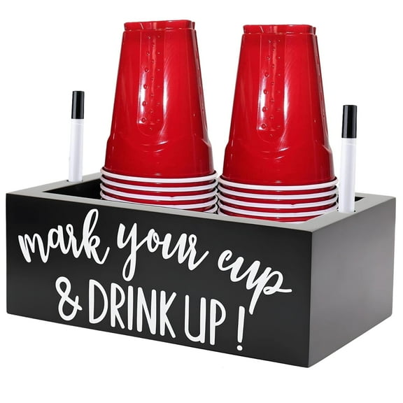 Double Disposable Cup Holder with 2 Marker Slots, Wooden Storage Box, Black Farmhouse Cup Holder, Party Drinks Cup Holder, Perfect Gifts