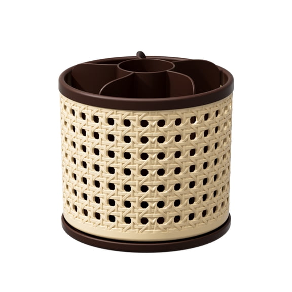 360° Rotating Pen Holder for Desk, Imitation Rattan 5 Compartment Remote Caddy Desktop Storage Organizer