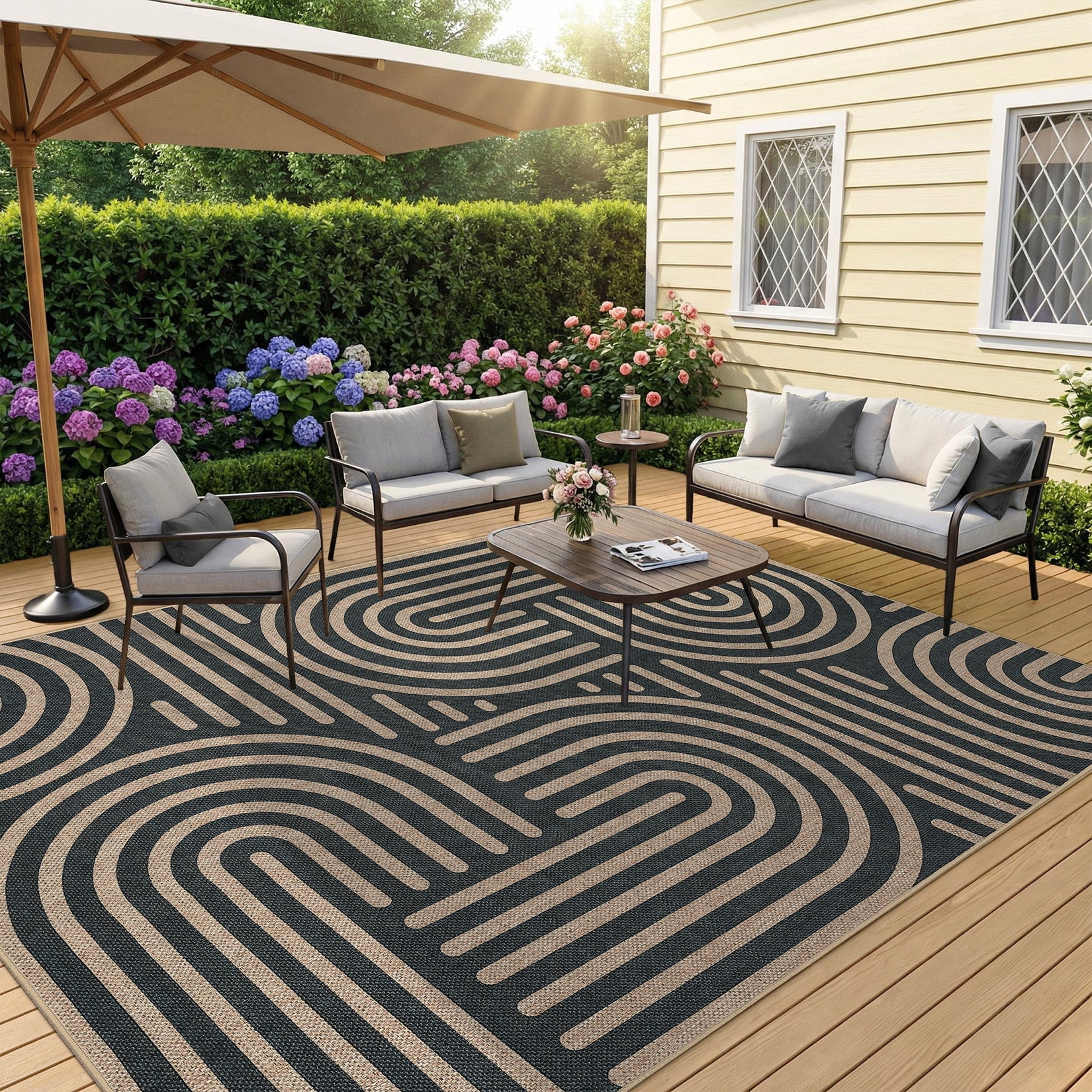 Garvee 10'x13' Geometric Area Rug Easy Jute Carpet, Abstract Washable Rug Rainbow Non Slip Indoor Outdoor Accent Rug for Living Room Bedroom Dining Room Balcony Patio, Black