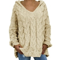 Beige Fashion Solid Solid Color Hooded Neck Big & Tall Women's Pullover Sweater, Women Fashion Loose Large Size Solid Color Hood Long Sleeves Sweater Tops