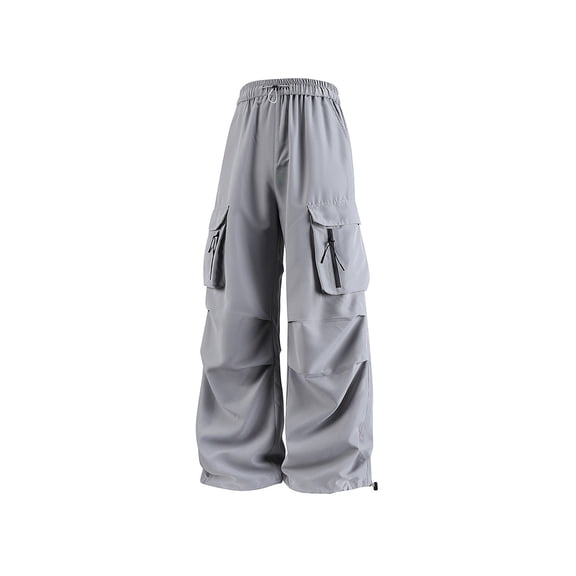 QQAMB Women's Cargo Pants Plus Size Elastic Waisted Wide Leg Solid Color Casual Loose Trousers with Multi Pockets Gray 2XL