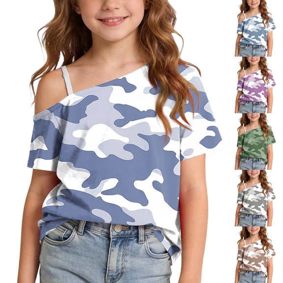 Auroural Girls Summer One Shoulder Short Sleeve T Shirts Casual Cute Suit Girls Camo Print Shirt for 5-14Y Toddler Girls Shirts 4T Or 5T