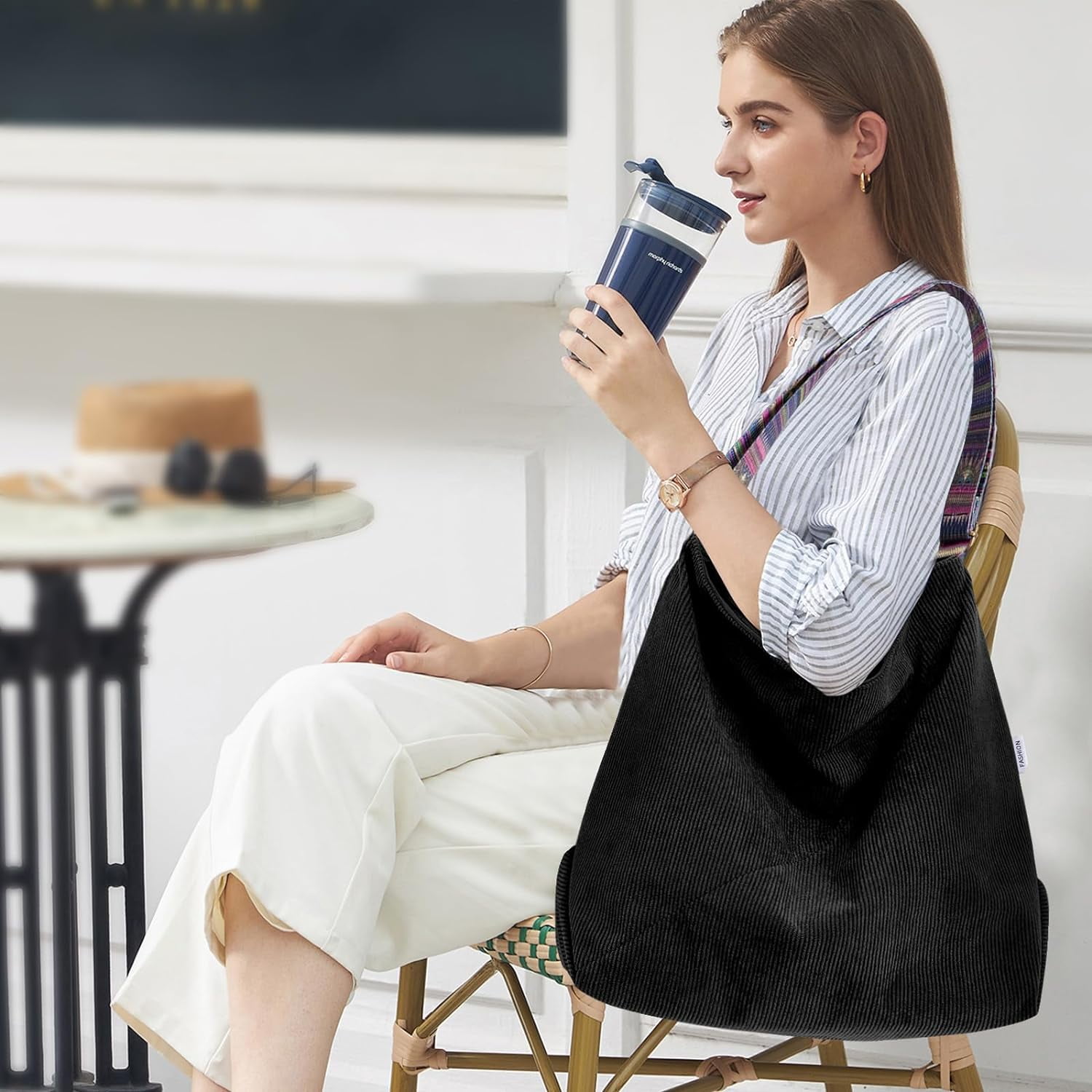 LinYooLi Corduroy Tote Bag Hobo Bags for Women Large Crossbody Bag Boho Shoulder Handbag Guitar Strap Purse