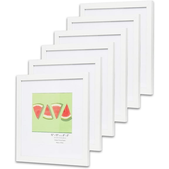 The Display Guys - 6-Pack Minimalist Wooden Picture Frames with Tempered Glass - 12x12 mat to 8x8 - White - Wall Hanging