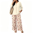 thumbnail image 5 of Vintage Sunflower Sketch Print Two Piece Set for Women, 3/4 Sleeve Button Down Top & Wide Leg Pants - Boho Casual Lounge Outfit with High Waist Trousers Beige L, 5 of 7