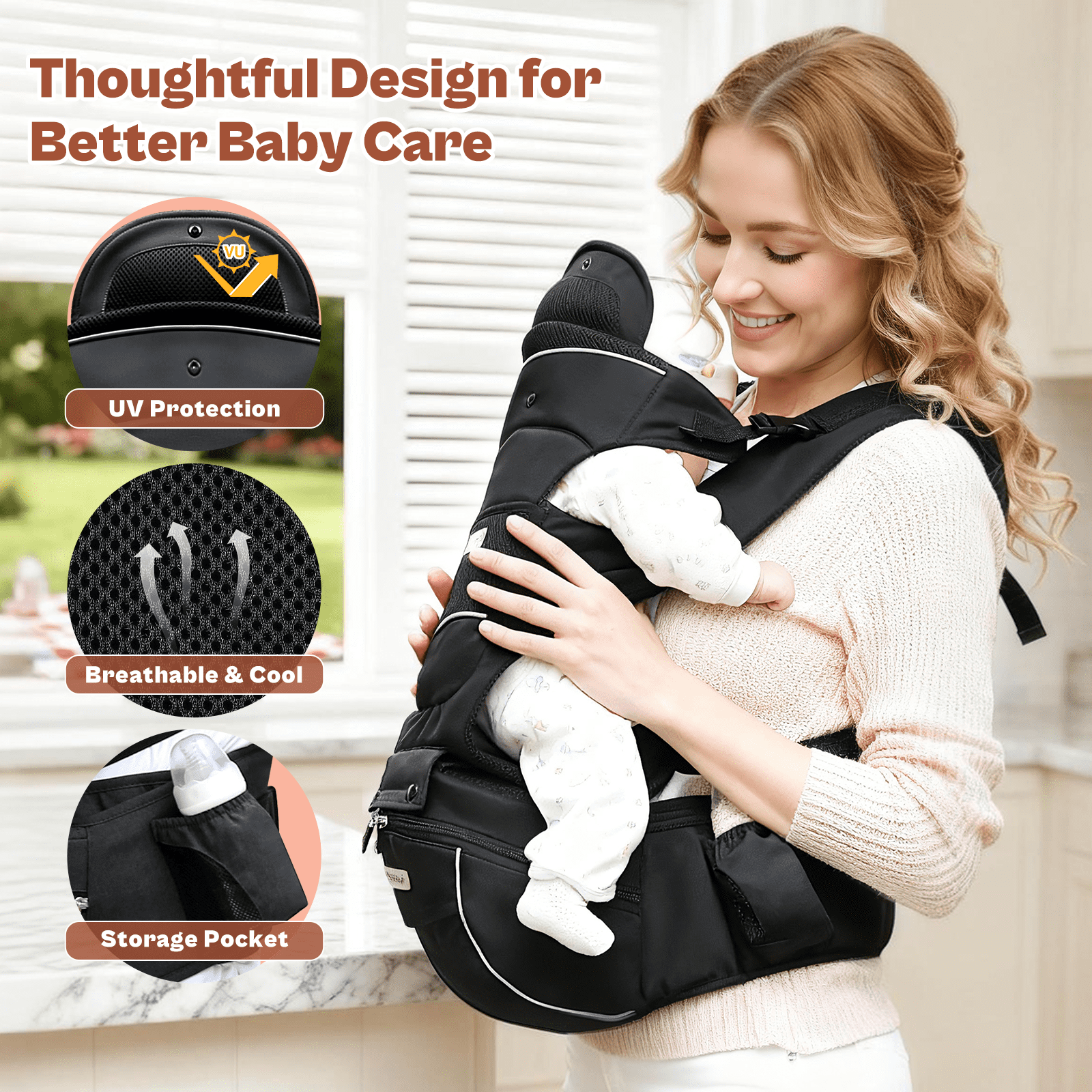 Baby Carrier with Hip Seat Ergonomic M Position 6-in-1 Baby Wraps Carrier Adjustable Holder Newborn to Toddler with Head Support and Breathable Mesh, Black