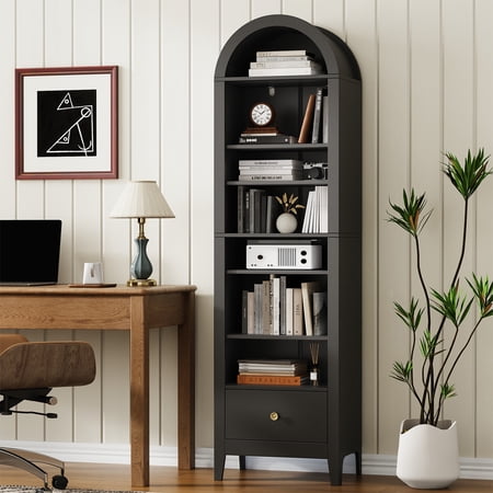NEYGLIM 71" Tall Arched Bookshelf, 8-Tier Bookcase with Drawer, Freestanding Display Shelf for Home Office, Black