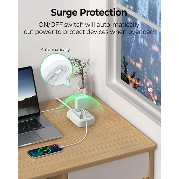PYYAN-Surge Protector Power Strip, Multiple Outlets Extension Cord with 6 AC Outlets 2 USB-A and 2 USB-C Ports, 10 ft Long Flat Plug Power Strip, Mountable Outlet Extender for Dorm/Office/Home- OG