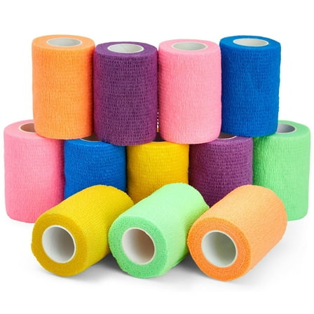 12-Pack Colorful Self Adherent Stretch Bandage Wrap, 3 Inches x 6 Yards Adherent Cohesive Vet Tape for First Aid, Sports Athletes, Animals, Pets (6 Bright Colors)