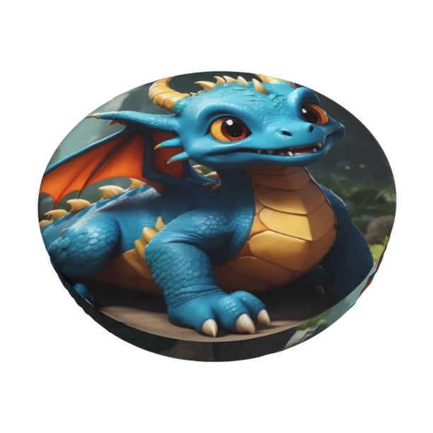 Disketp Adorable Blue Baby Dragon Funda Redonda para Taburete, Funda de Cojín para Silla de Bar Suave y Elástica-13 inch