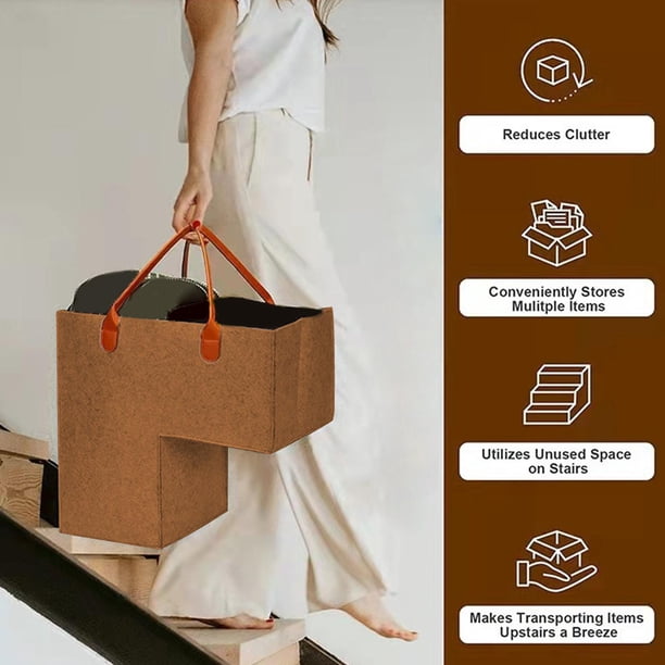 Cesta de Escalera con Mango de Cuero para Escaleras Alfombradas, Cesta de Escalera para Escaleras de Madera, Organizador de Cesta Plegable para Oficin marrón Macarena Cesta de escalera