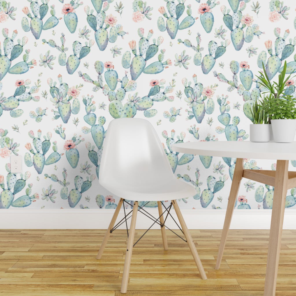 Removable Water-Activated Wallpaper Succulents Boho Cactus Floral Peach Pink