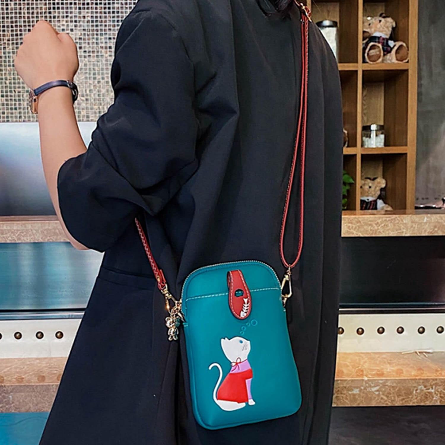 Small Crossbody Phone Bag for Women Leather Cute Cat Cellphone Purse Shoulder Bags PU Wallet