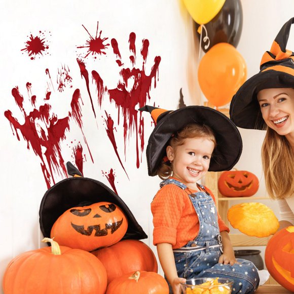 SHAR 8 PCS Bloody Halloween Decorations Halloween Bloody Handprint Knife Footprints Stickers Window Wall Floor Clings Decals Horror Bathroom Zombie Party Decorations Supplies, Hallowee