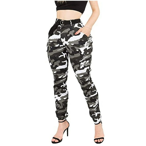 Ichuanyi Womens Pants Clearance, Women's High Waist Slim Fit Jogger Cargo Camouflage Pants for With Matching Belt