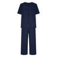 thumbnail image 4 of Scyoekwg Womens 2 Piece Outfits Tracksuit Short Sleeve V-Neck Pleated Tops Wide Leg Pants Trendy Casual Sweatsuits Sets Loose Solid Color Matching Sets (Blue,S), 4 of 6