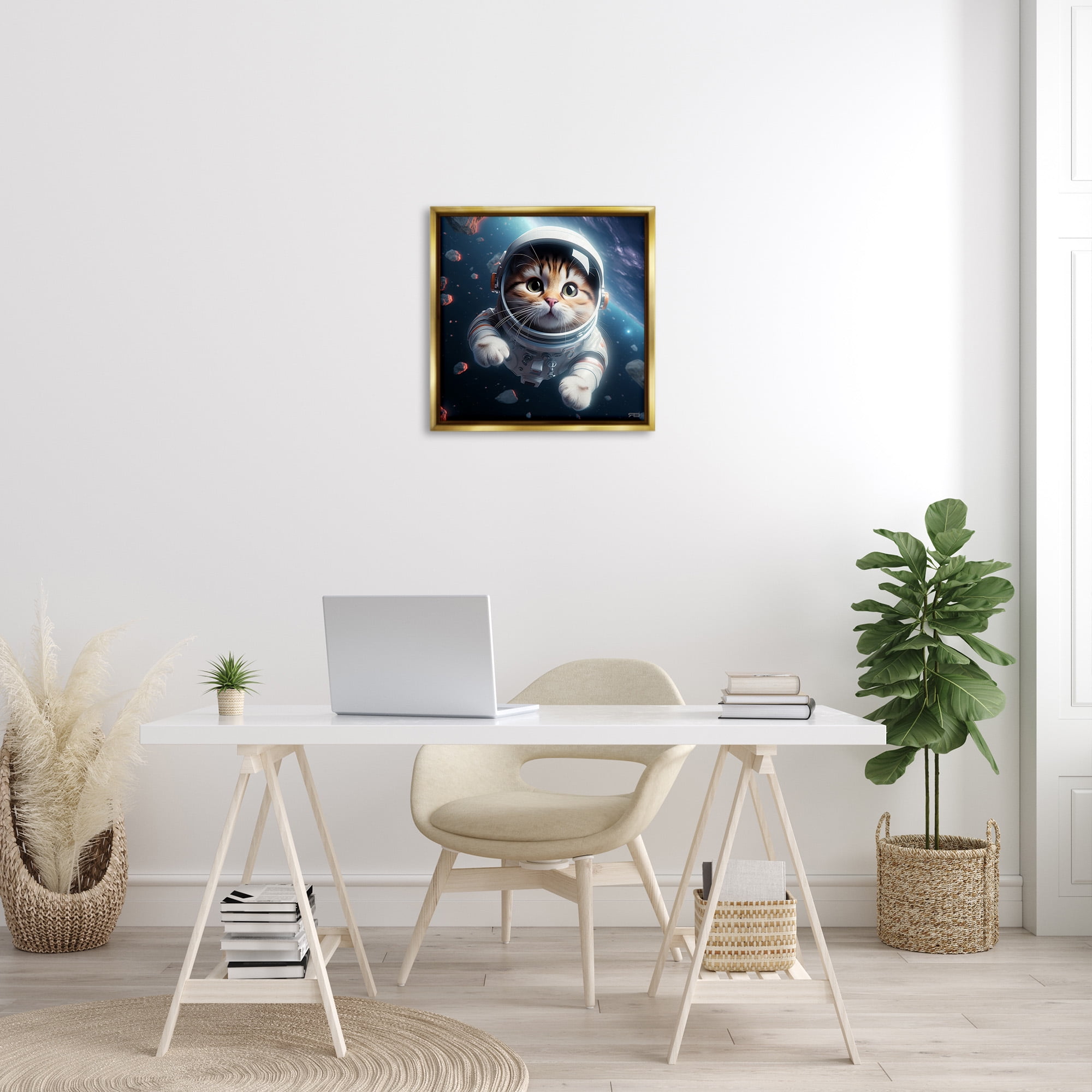 Stupell Industries Astronaut Cat in Space Animals & Insects Painting Gold Floater Framed Canvas Art Print Wall Art, 25 x 25