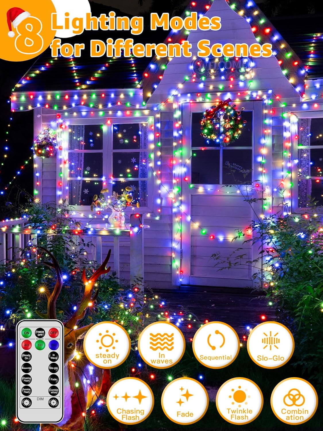 Christmas Decor Light Outdoor Indoor 108FT 200LED, JUHEFA Waterproof Twinkle Plug-in String Lights with 8 Modes, Universal Accessory for Christmas Tree, Holiday, Wedding, Garden Party (Color)
