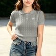 thumbnail image 5 of jobturf Girls Peter Pan Collar Short Sleeve Knit Top Bow Embroidery Cropped Sweater Tee School Uniform Tshirts Size 2-15 Years, 5 of 7