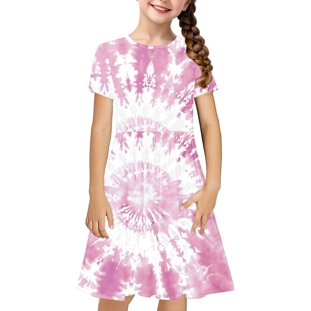 WRKEKC Robe Florale pour Filles, Robe Décontractée d'Été pour Filles, Enfants en Bas Âge Filles Mignonne Dégradé Imprimé Manches Courtes Robe Extensible Ligne A 7 Ans