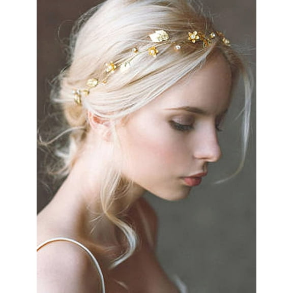 Bride Wedding Hair Vine Headband Gold Leaf Bridal Accessories for Women (Gold) (Gold)
