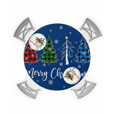 

Round Tablecloth with Elastic Merry Christmas Xmas Tree Snowflake Blue Waterproof Stain-proof Table Cover Wipeable Fitted Table Cloths for 55 -60 Round Tables Dining Kitchen Indoor Outdoor Use