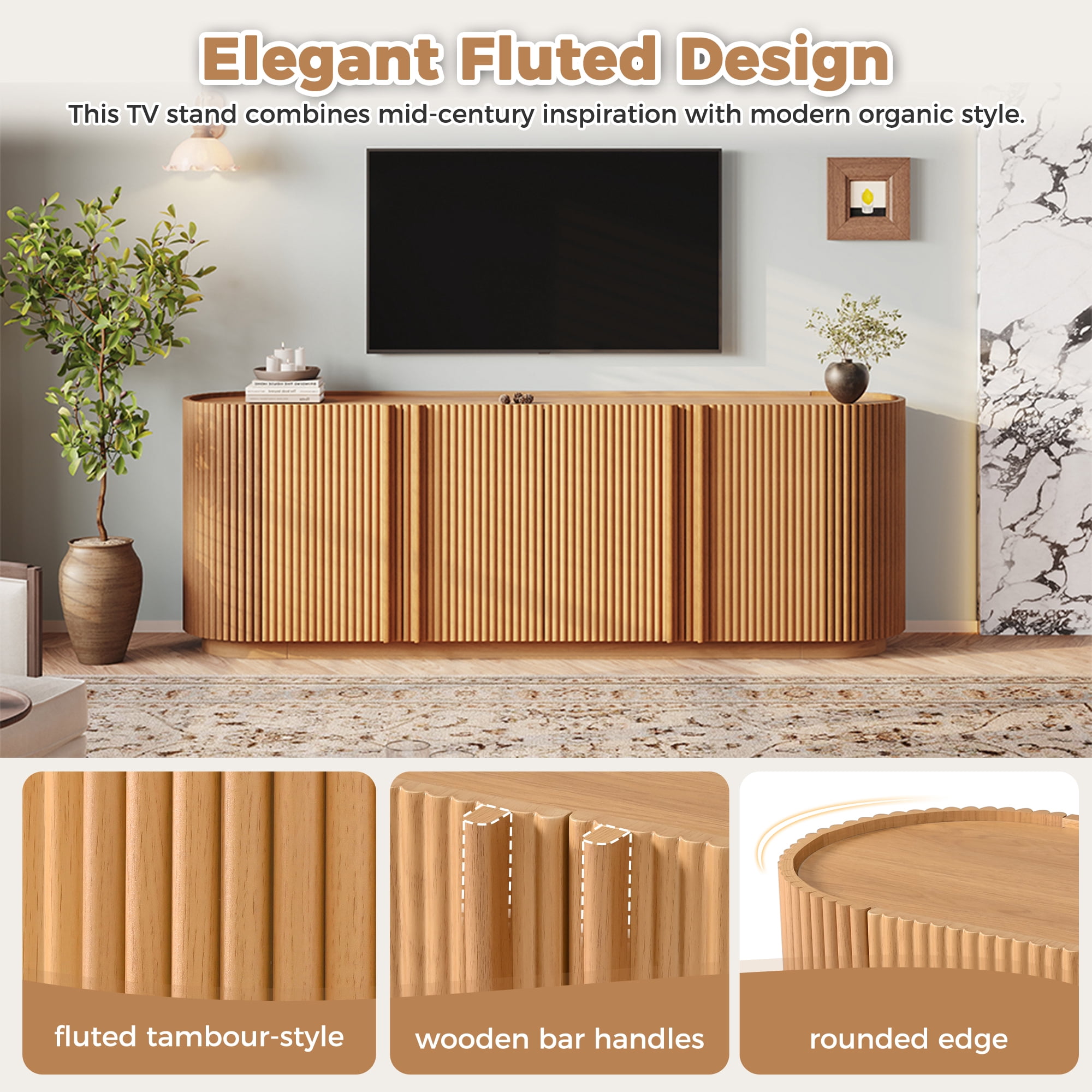 Leumius Mid Century Wood TV Stand with Fluted Tambour-Style Door, Farmhouse Media Console with Adjustable Shelves, Curved Edge TV Cabinet with Cable Management for Living Room, Natural