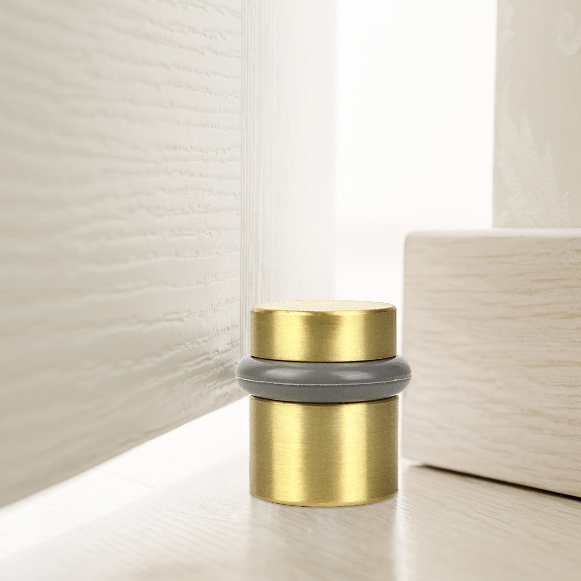 Design House 2-Pack Modern Cylindrical Floor Mounted Door Stops with Rubber Bumper, Satin Brass
