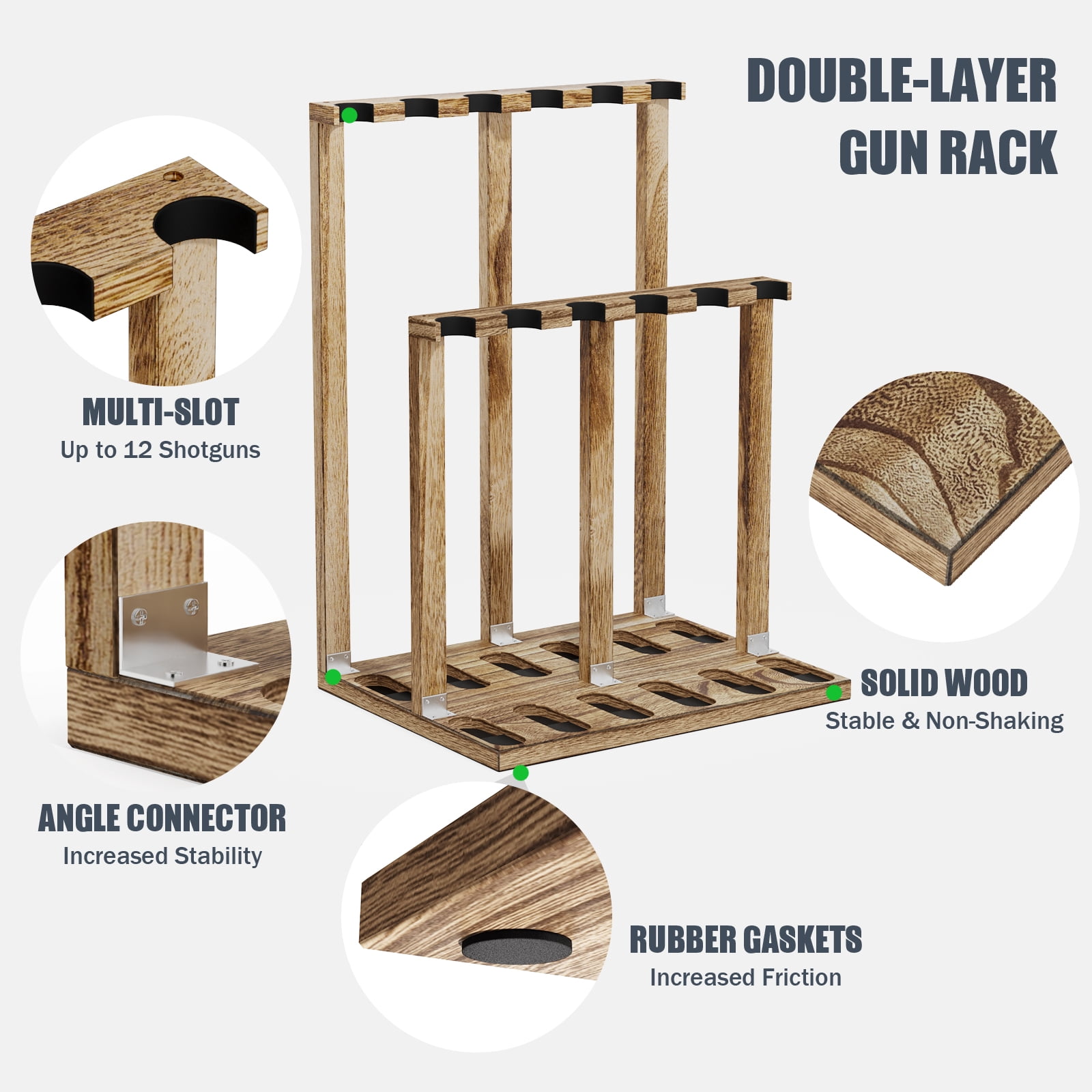 Indoor Gun Racks, Wooden Free Standing Heavy Duty Shotgun Display Rack, Stand Organizer, 12 Storage Holder Wood Gun Rack (Carbonized Black)