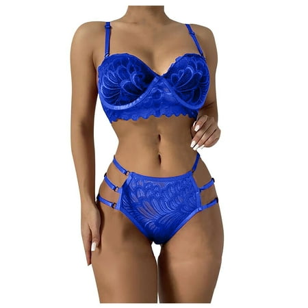

DNDKILG Strappy Teddy Bra and Panty Sets for Women High Waisted Babydoll Lingerie Set Sexy Lace Lingerie Blue M