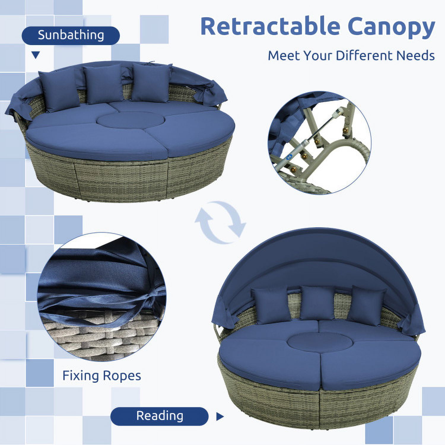 Aimee Lii Outdoor PE Wicker Round Daybed with Retractable Canopy and Cushions, Outdoor Patio Set, Navy