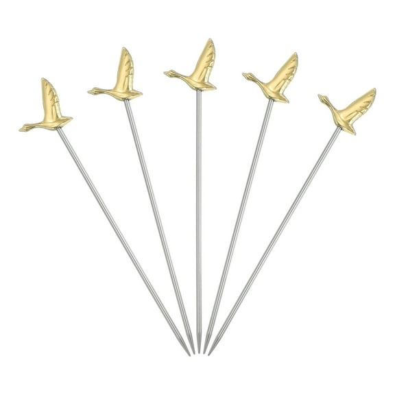 Uxcell 5 Pcs Stainless Steel Cocktail Picks, 4.1 Inch Martini Picks Fruit Sticks Metal Skewers Reusable for Drinks Olives Appetizers Fruit Decorative, Gold (Bird)
