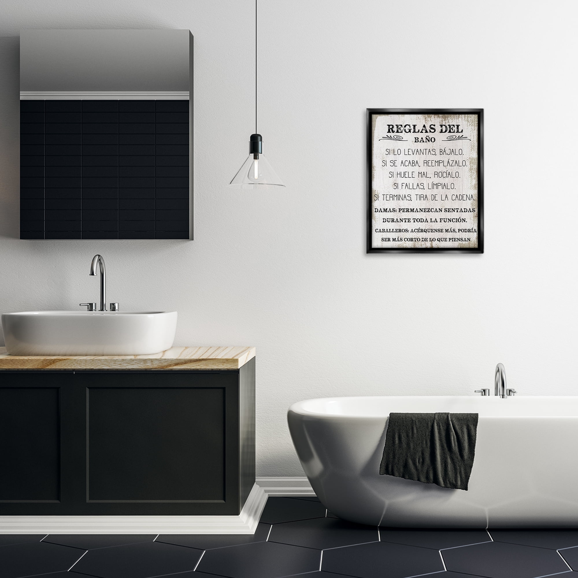 Stupell Industries Reglas Divertidas del Baño Bath & Laundry Painting Black Floater Framed Art Print Wall Art, 17 x 21