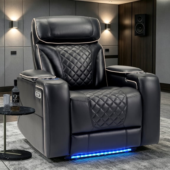 DFA Electric Power Recliner Chair, PU Leather Home Theater Seating with USB Port, LED Light, Hidden Arm Storage & Cup Holders, Electric Single Sofa for Media Living Room, Black