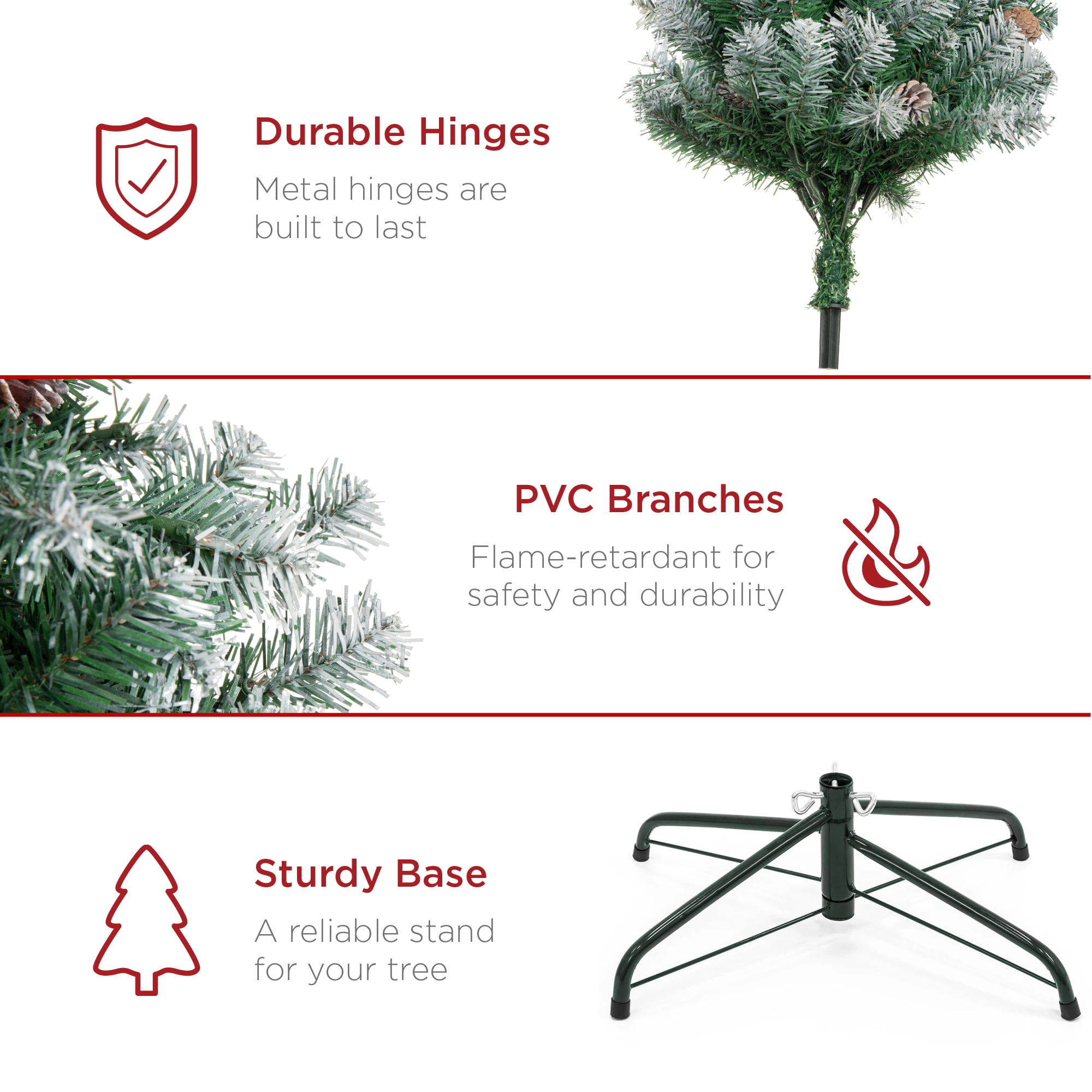 Best Choice Products 6ft Pre-Decorated Holiday Christmas Pine Tree w/1,000 Branch Tips, Partially Flocked, Base  Green