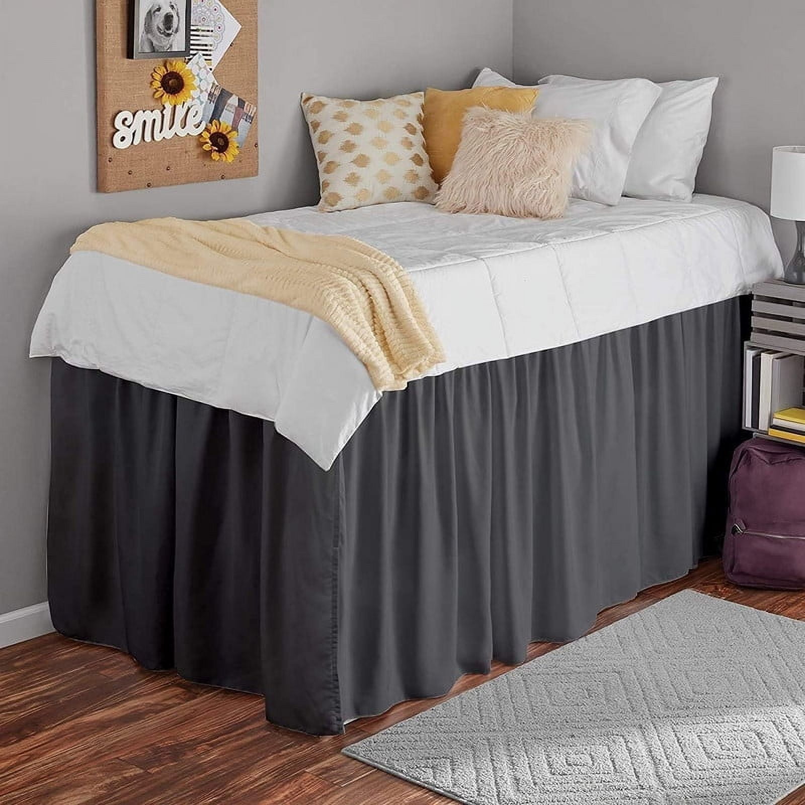 College Dorm Bedskirt, 42 Inch Drop 100% Microfiber Lightweight Ruffled, Twin-XL Size (39" x 80") Elastic Bed Skirt - Dark Gray Solid