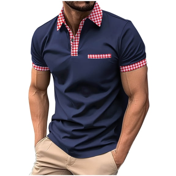 Fnnxeal Mens Contrast Collar Golf Polo Shirt, Navy Short Sleeve Performance Top with Pocket, Slim Fit Business Casual, Wrinkle Free Polyester (S-3XL),Size L