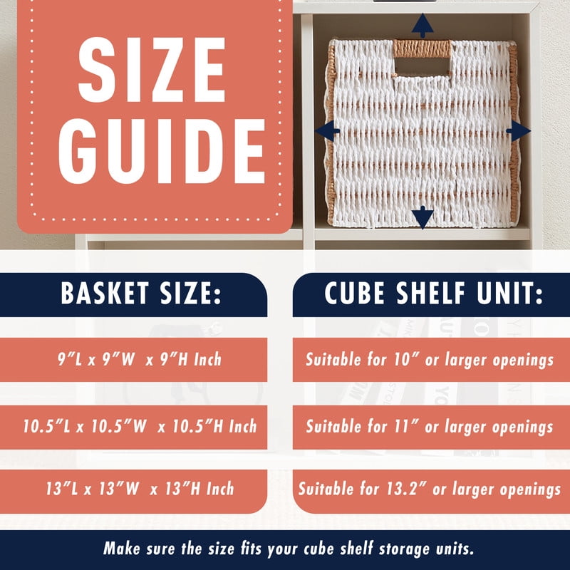 Ornavo Home Wicker Storage Cubes Bin, 13 x 13 Inch Storage Cubes Shelf Basket Collapsible Natural Hand Woven Paper Kallax Storage Cube Bin with Handles - Set of 6, White/Brown