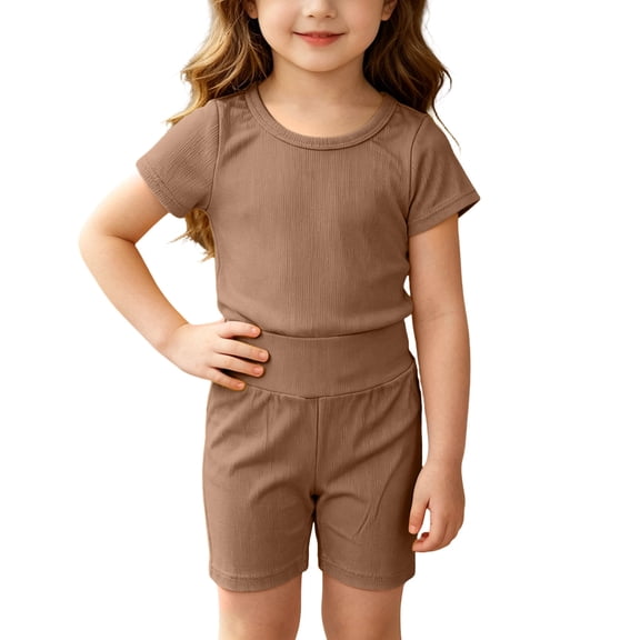 ZyeKqe Short Sets for Kids Crewneck Short Sleeve Shirts Casual Lightweight Comfy Shorts Loungewear 2 Piece Summer Sets(6-7 Years,Coffee)