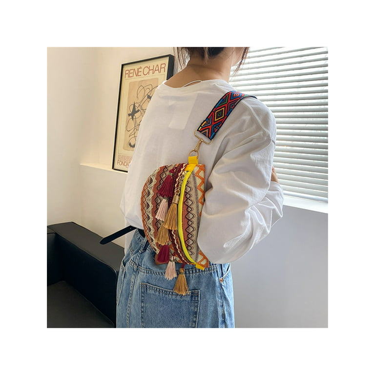 Xiaoluokaixin Women's Ethnic Straw Bags Hand Woven Waist Bag with Adjustable Strap Handbag Fanny Pack Rattan Beach Tassel Crossbody Bag Messenger Bags