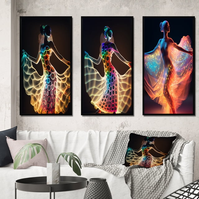 Designart "Translucent Light Dancing Figure III" Woman Fashion Photography Framed Wall Art Set Of 3 - Multicolor Glam Frame Gallery Set For Office Decor