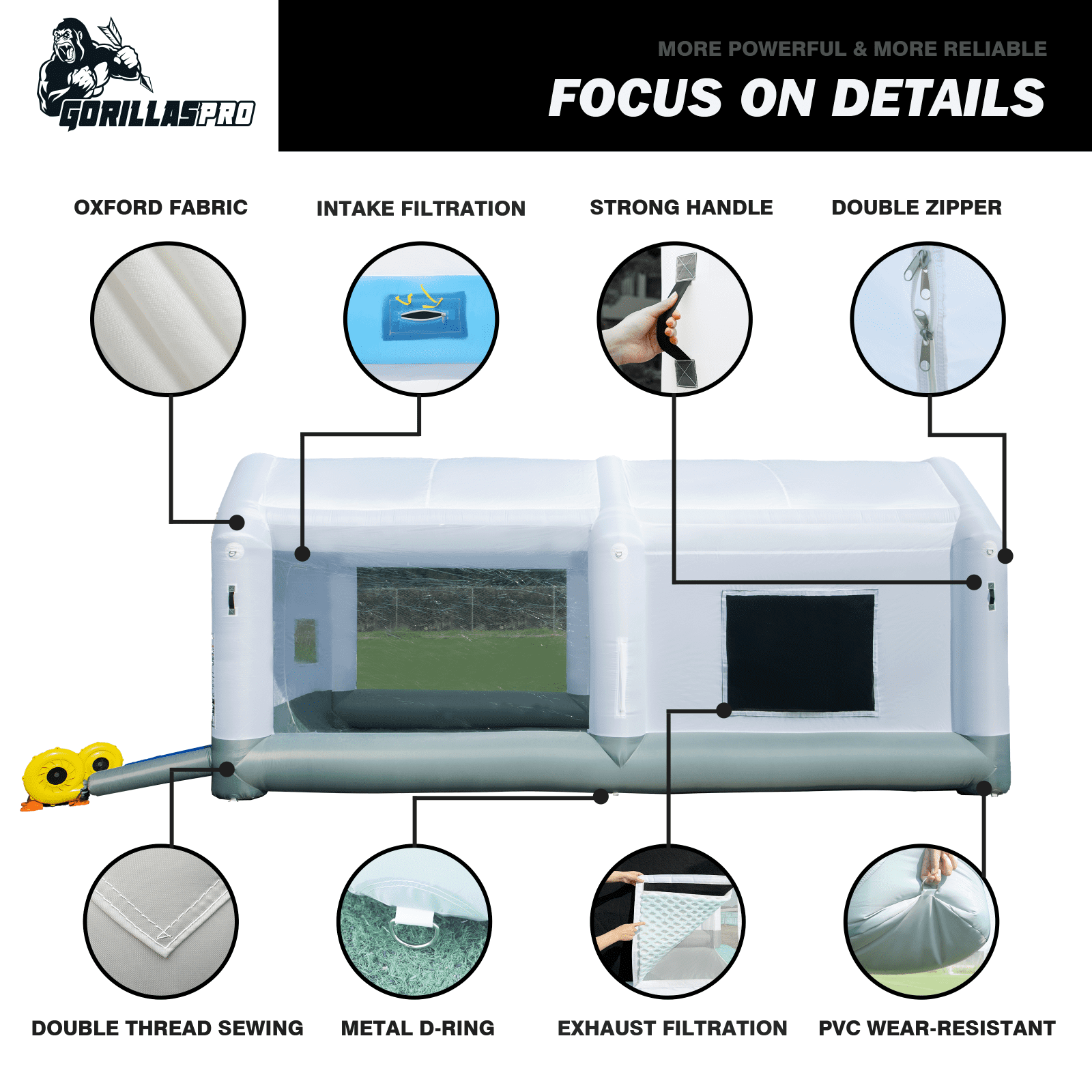 GORILLASPRO Inflatable Paint Booth 13x10x8Ft with 750W Blower Portable Inflatable Spray Booth Upgrade Air Filter System