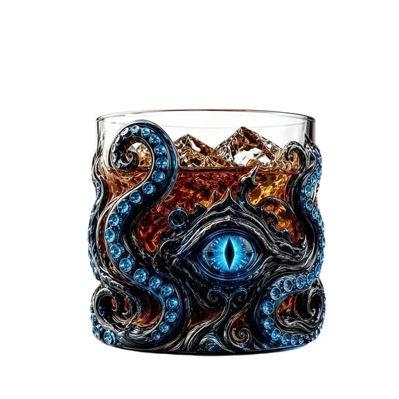 Kraken Inspired Deep Sea Octopus Whiskey Glass, 3D Embossed Glowing Blue Eye Tentacle Old Fashioned Tumbler, Gothic Ocean Monster Clear Cocktail Cup for Bourbon Whiskey Bar Home Decor Gift