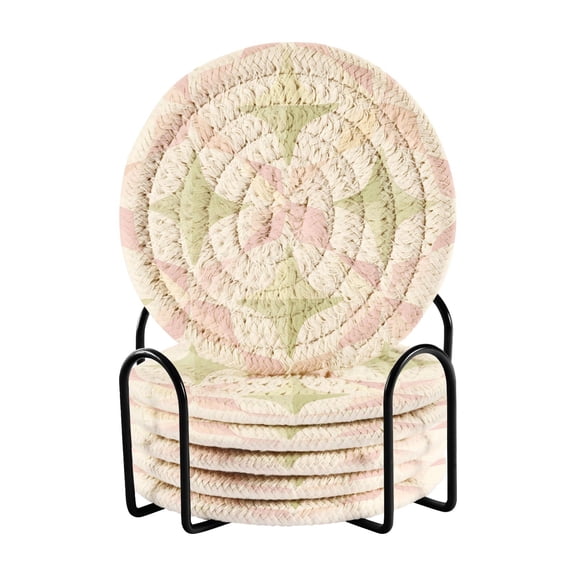 Yayeee 6 PCS Drink Coasters with Holder Set Woven Absorbent Round Tabletop Hot Pad, Pastel Pink Geometric