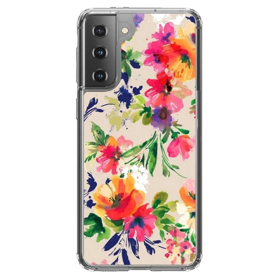 DistinctInk Clear Shockproof Hybrid Case for Galaxy S21 5G (6.2" Screen) - TPU Bumper, Acrylic Back, Tempered Glass Screen Protector - Pink Purple Floral Flowers